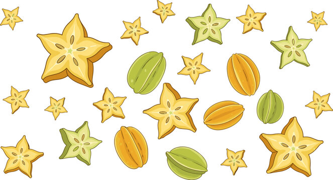 Starfruit Icon Set Featuring Whole and Sliced Starfruit for Tropical, Food, and Botanical Illustrations