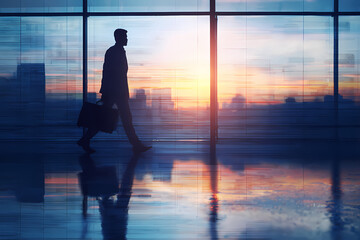 Fototapeta premium Homme d'affaires marchant dans un immeuble de bureaux moderne au coucher du soleil