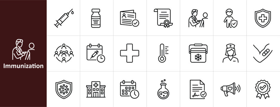 Immunization and Vaccination Line Icon Set - Minimalist Healthcare, Medical Research, and Vaccine Logistics Vector Illustrations