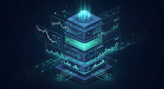 Futuristic digital data server tower with glowing lights and charts server room abstract technology abstract background data analysis big data abstract design