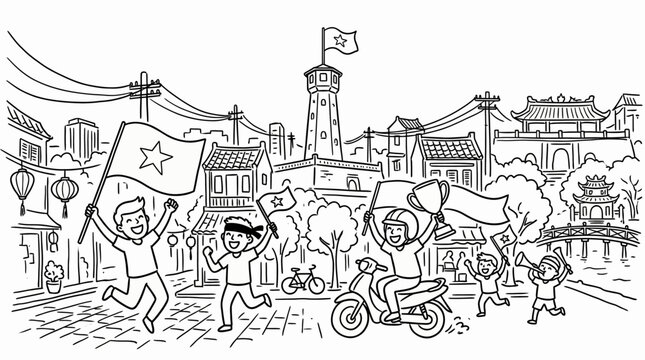Joyful Vietnamese People Celebrating with Flags