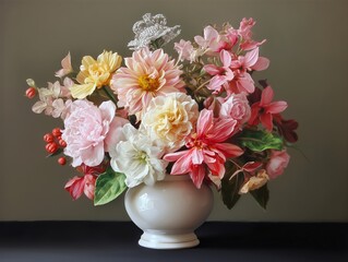 Fototapeta premium Beautiful flower arrangement with dahlias and peonies in a white vase