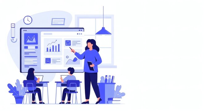 Teacher and students in modern classroom with ai powered smartboard technology