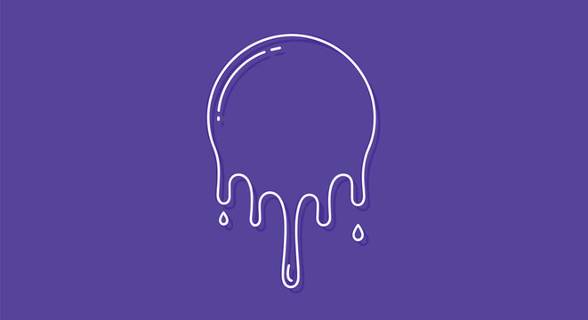 Minimalist white line drawing of a dripping circle or paint splash isolated on a solid purple background for creative design.