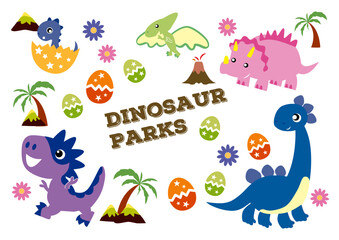 Cute cartoon dinosaurs and eggs with palm trees and volcanoes, illustrating a dinosaur park theme. © yeri