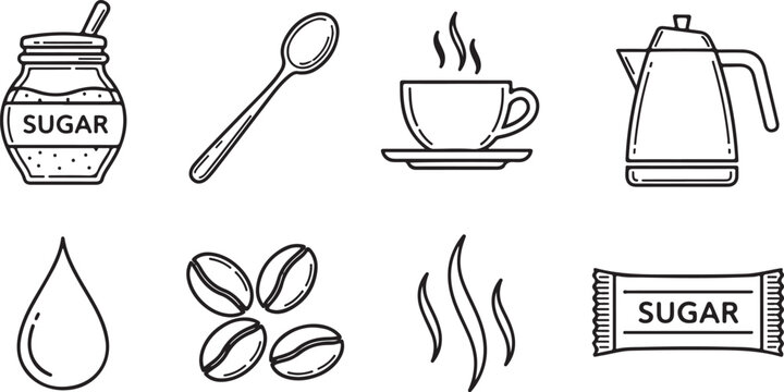 Set of coffee preparation icons featuring sugar jar spoon steaming cup and moka pot isolated on transparent background for cafe design.