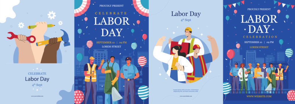 Labor Day celebration poster set with diverse workers tools and city parade flat vector templates
