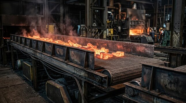 Industrial setting featuring a hightemperature resistant wire conveyor belt with protective sideguards transporting hot materials safely.