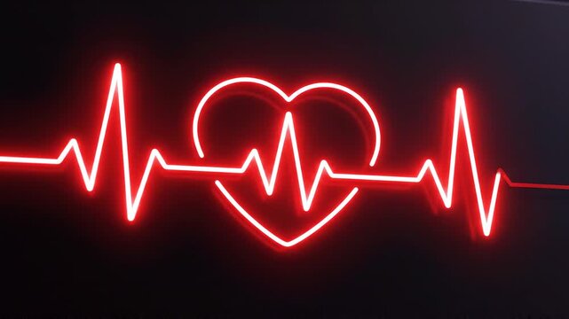 A glowing red heartbeat trace forms a heart in darkness, symbolizing vitality, health, and the electric essence of life.