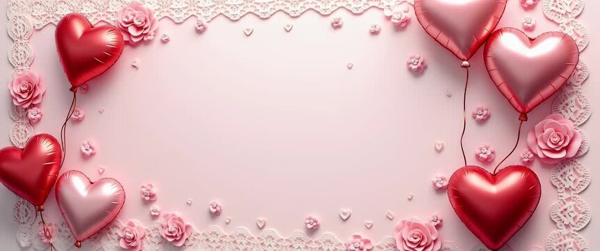 Heart balloons and lace patterns border frame with elegant copy space for Valentines Day Alternative Dates concept as Elegant heart shaped balloons and intricate lace patterns framing graceful space f