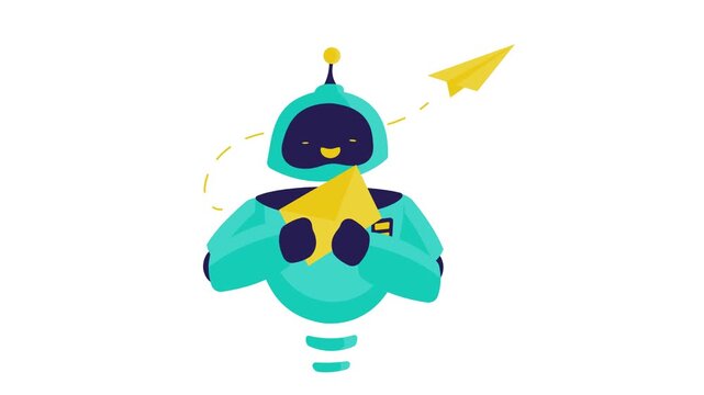 Friendly robot character holding a paper airplane, with a dashed line and another paper airplane in flight, representing communication and connectivity