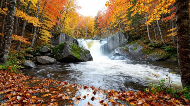 Scenic waterfall cascading over moss-covered rocks surrounded by vibrant autumn foliage in the forest