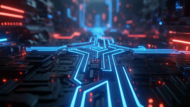 Futuristic Digital Circuit Board with Glowing Data Streams Animation.