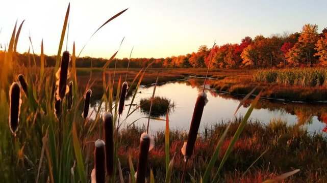 Scenic autumnal sunset over calm wetland marsh reflecting colorful trees and cattails, serene nature landscape