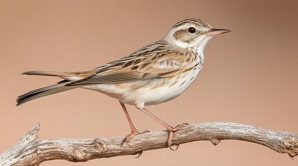Fototapeta premium lark. A small bird perched on a uniquely shaped branch with subtle air ripples. wildlife magazines, conservation campaigns, designed for eco-tourism storytelling, supports conservation.