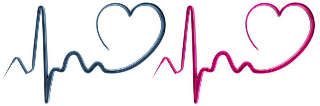 heart and heartbeat symbol. Heart rate pulse color blue navy and red pink on transparent background. PNG
