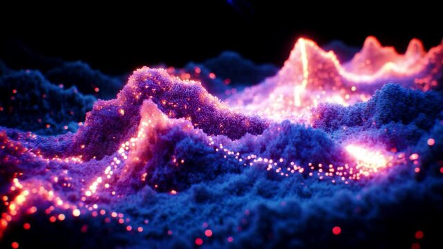 Glowing orange-red particle energy flows across a dark blue abstract textured terrain