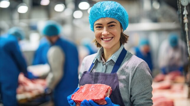 Smiling worker in protective gear holds fresh raw beef in a modern meat processing facility, highlighting hygiene, quality control, and food production standards.generative ai