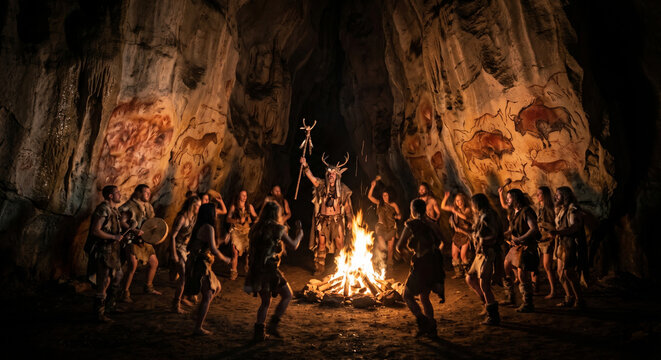 Shamanic Ritual inside Prehistoric Cave with Rock Art