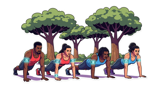 people doing push-ups outdoors in a park with trees
