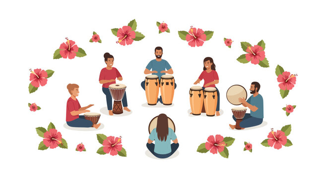 Diverse people playing drums in circle with floral pattern