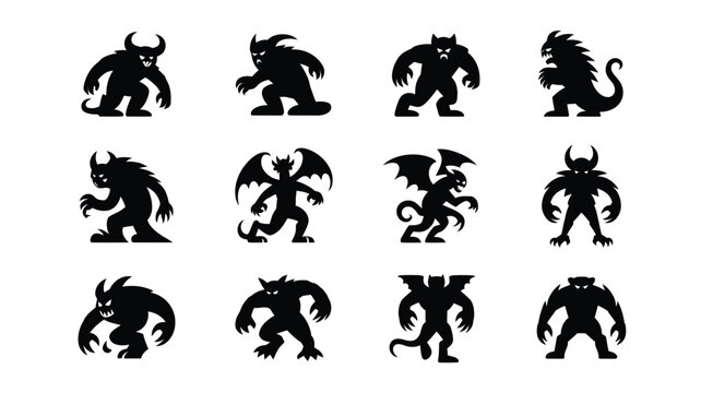 Silhouettes of mythical creatures and demons in dynamic poses black shapes with dramatic expressions and wings isolated on white background for design and illustration use