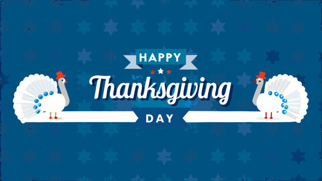 Happy thanksgiving day with two turkeys and a star filled background