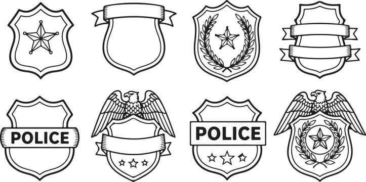 Police badge vector set featuring sheriff shields star symbols and heraldic eagle designs for security and law enforcement graphic logos.