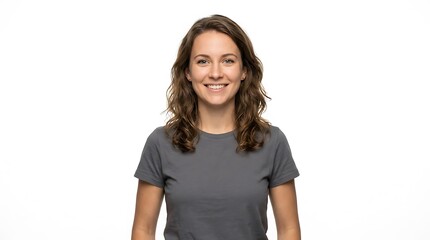 Fototapeta premium Portrait of a beautiful smiling young woman with wavy hair wearing a casual gray t-shirt, isolated on a white background