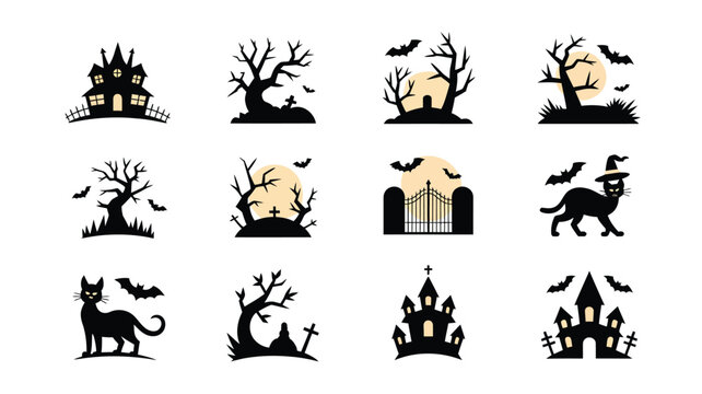 Set of halloween themed silhouettes including haunted houses spooky trees bats black cats and eerie tombstones for festive designs