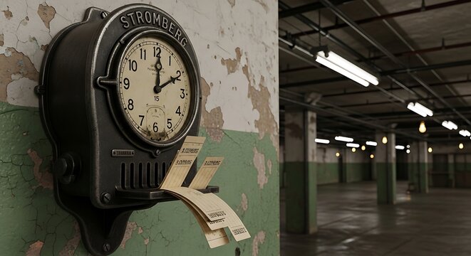 Vintage stromberg time clock mounted on a peeling green and white wall in a dimly lit, industrial warehouse interior