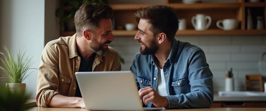 Adult hipster son older father collaborate at home bridging generational gap fosters close bond synergy lens approach ensures warmth happiness father day vibe concept as Two bearded men share jokes ha
