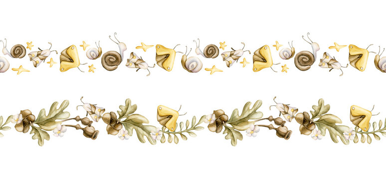 Acorn Oak leaves Poppy Boxes Insects Seamless Borders Set. Cute Watercolor summer floral forest illustration hand painted isolated on white background for nursery baby kids design fresh prints textile
