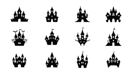 Set of twelve isolated black gothic castle illustrations with pointed towers flags and banners in a minimalist style © loveley0190