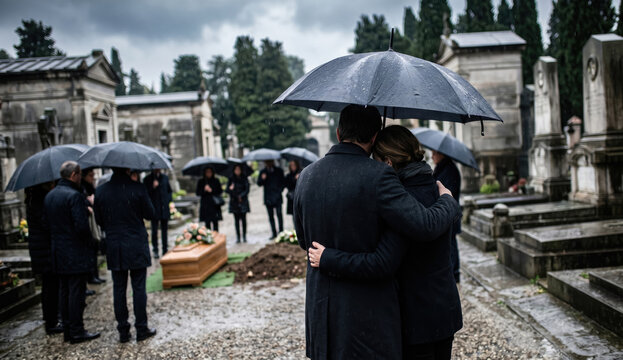 Grieving couple embraces under an umbrella at a rainy funeral in a cemetery