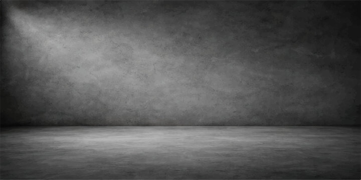 An empty dark room featuring an aged concrete wall with a distressed grunge texture and grey cement flooring creates a vintage urban backdrop for this minimalist interior design space