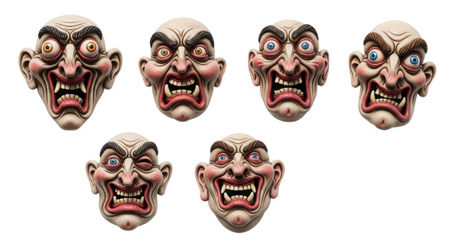 caricature faces of grotesque characters with multiple expressions laid out on a white background useful for illustration