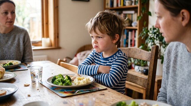 Candid portrait of a grumpy little boy with crossed arms refusing to eat healthy food and broccoli at the dining table with blurred mother in background
