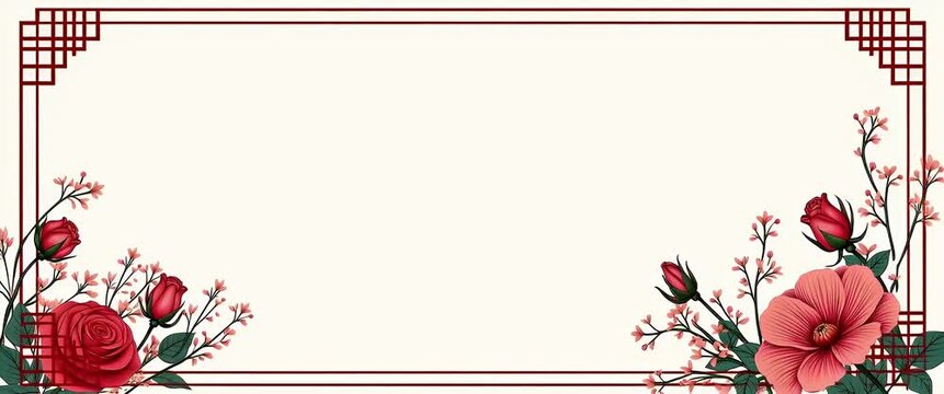 Rose of Sharon and traditional Korean patterns border frame with elegant copy space for Independence Day concept as Elegant Rose of Sharon and intricate traditional Korean patterns framing graceful sp