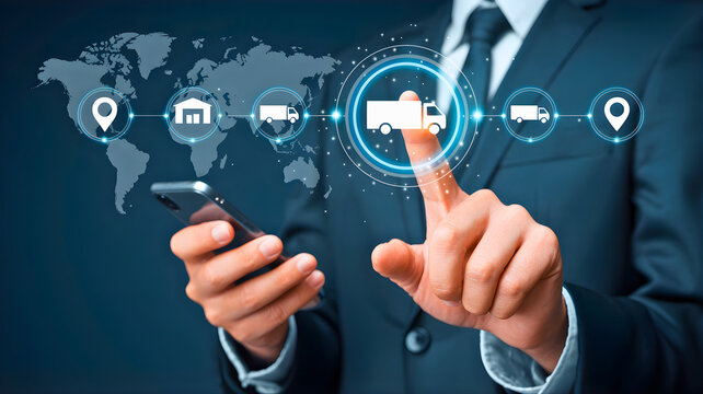Innovative digital solutions for global supply chain management, showcasing efficient logistics, worldwide delivery, and smart tracking technology on a virtual interface