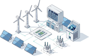 Obraz premium Isometric Illustration of a Smart Renewable Energy Grid with Solar Panels, Wind Turbines, and Power Management Systems for Sustainable Technology Solutions
