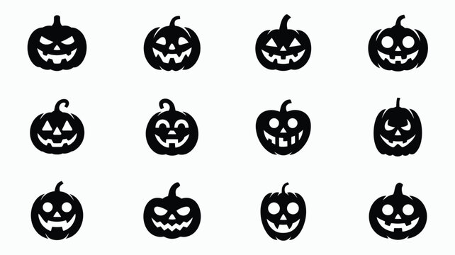 Black silhouettes of twelve halloween pumpkins with scary and playful faces on a white background for halloween celebration