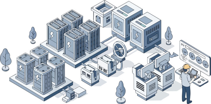 Isometric Illustration of a Modern Battery Energy Storage System (BESS) with Engineer Monitoring Smart Grid Operations and Power Management Infrastructure