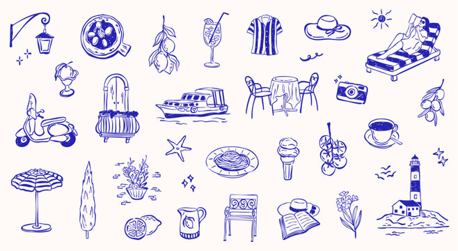 summer vibes icon activity doodle hand drawn vector collection set