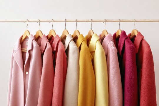 Row of pastel-colored coats hanging on a rack