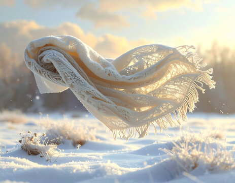 A blanket is tossed in the air, frozen mid-wave, with soft fabric detail and cozy lighting in a snowy landscape.