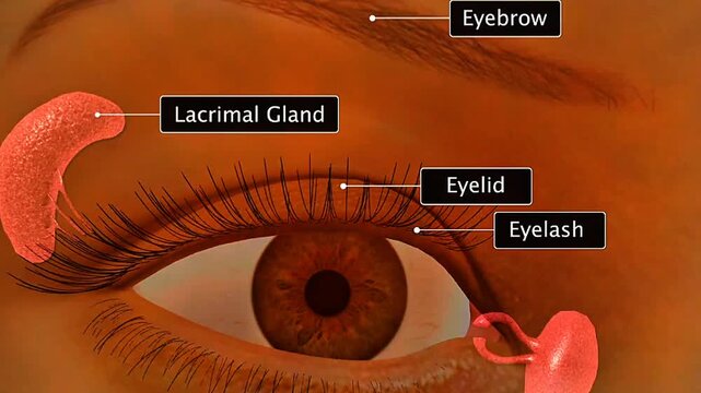 3D animation showing protective parts of human eye including eyelids, tears, and conjunctiva.