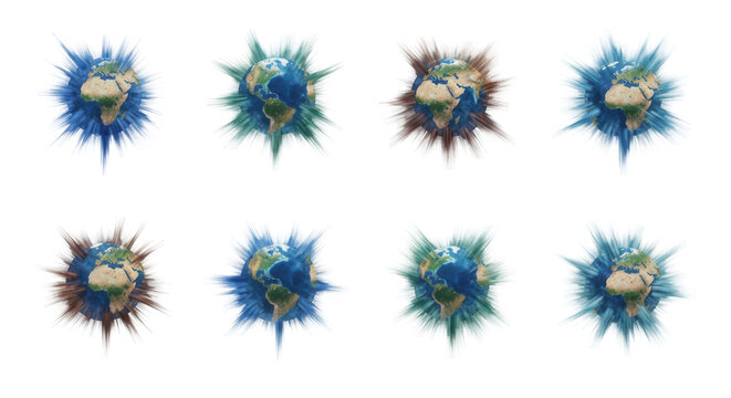 exploding earth models in different colors against a clean white background simulating impact for use in global concepts