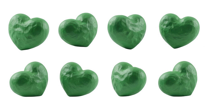 green clay hearts in various poses on a white background love and valentines could be design or marketing