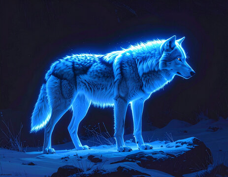 Glowing wolf stands on snowy ground at night